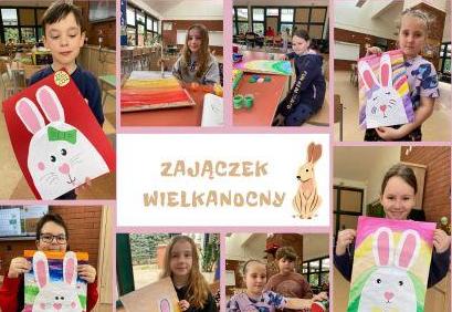 Kolaż zdjęć uczniowie z pracami wykonanych zajączków