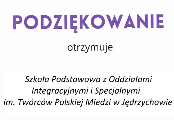Podziękowanie dla szkoły za udział w projekcie