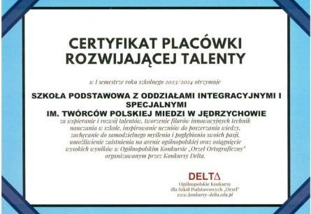 Certyfikat placówki rozwijającej talenty