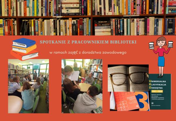 Kolaż zdjęć uczniowie w podczas zajęć w bibliotece