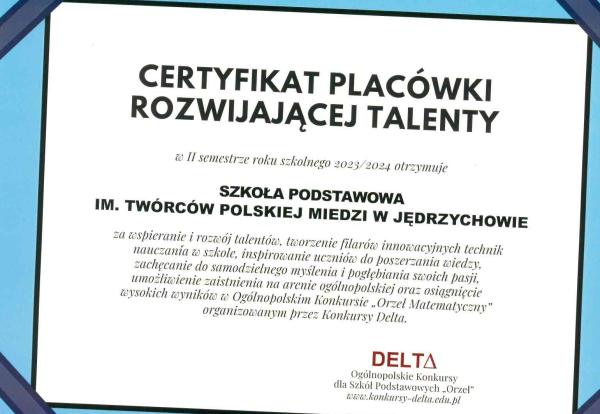 Certyfikat placówki rozwijającej talenty