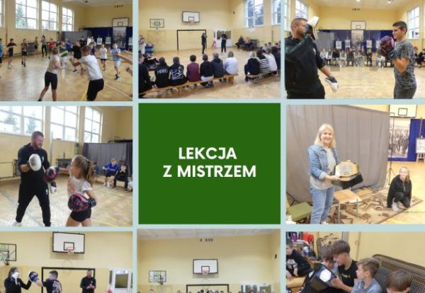 kolaż zdjęć uczniów i mistrzów sportu
