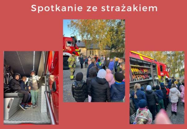 dzieci ze strażakiem na placu przed remizą