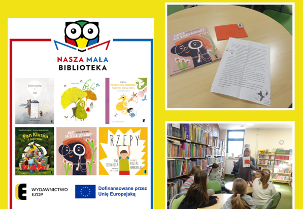 kolaż zdjęć uczniów z nauczycielka w bibliotece szkolnej