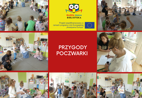 kolaż zdjęć przedszkolaków na zajęciach czytelniczych