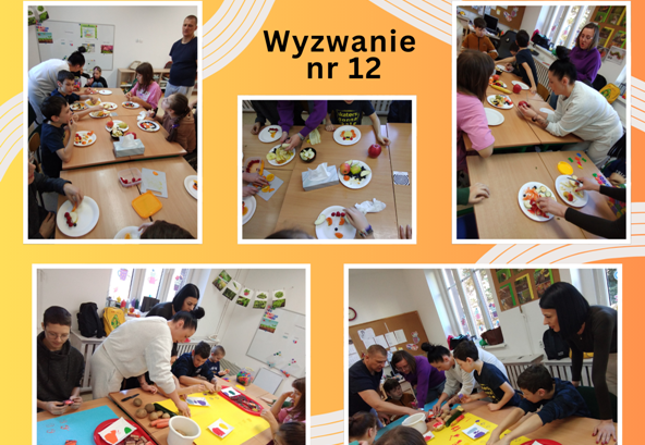kolaż zdjęć uczniów i nauczycieli podczas zajęć o owocach