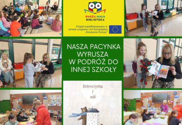 kolaż zdjęć uczniów na zajęciach o pacynce z projektu Nasza Mała Biblioteka