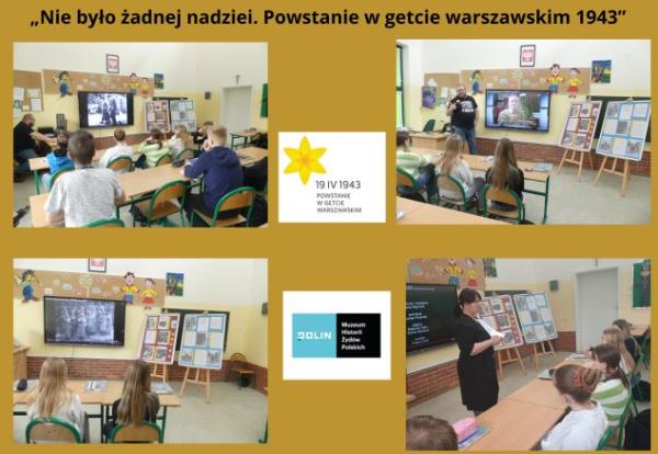 uczniowie oglądają film o powstaniu w getcie warszawskim