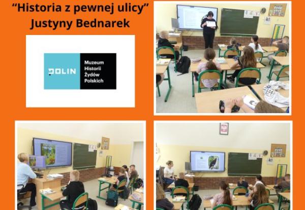 kolaż zdjęć uczniów podczas lekcji bibliotecznej słuchających nauczycieli czyytających ebooka Historia z pewnej ulicy