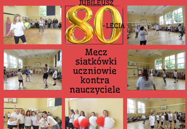 kolaż zdjęć uczniów i nauczycieli na meczu siatkówki