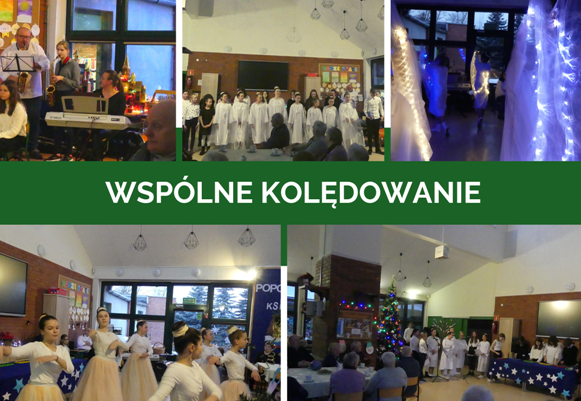 kolaż zdjęć w świetlicy szkolnej kolędują uczniowie rodzice i dziadkowie