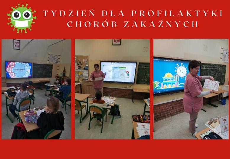 kolaż zdjęć pielęgniarka szkolna opowiada dzieciom o chorobach zakaźnych