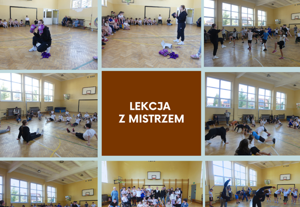 kolaż zdjęć uczniów na lekcji wychowania fizycznego z Ewą Kauch