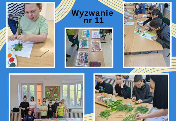 kolaż zdjęć uczniów malujących pędzelkami z roślin