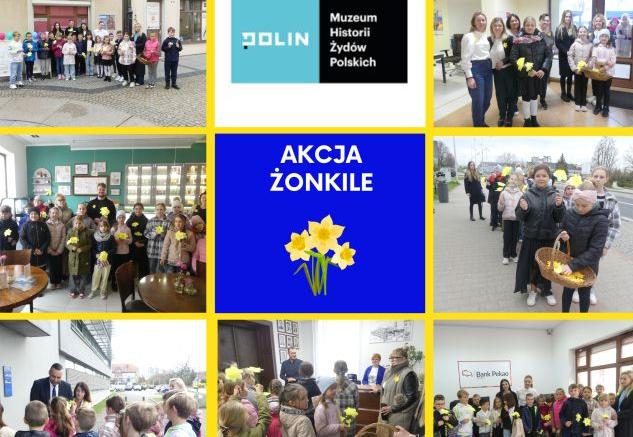 kolaż zdjęć uczniów podczas rozdawania żonkili w polkowickich instytucjach