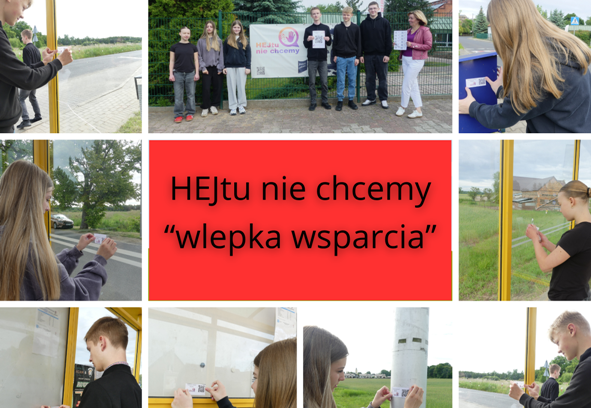 kolaż zdjęć uczniowie przyklejają naklejki wlepki wsparcia w ramach kampanii społecznej hejtu nie chcemy