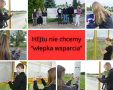 kolaż zdjęć uczniowie przyklejają naklejki wlepki wsparcia w ramach kampanii społecznej hejtu nie chcemy