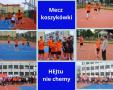kolaż zdjęć uczniów na stadionie na meczu koszykówki